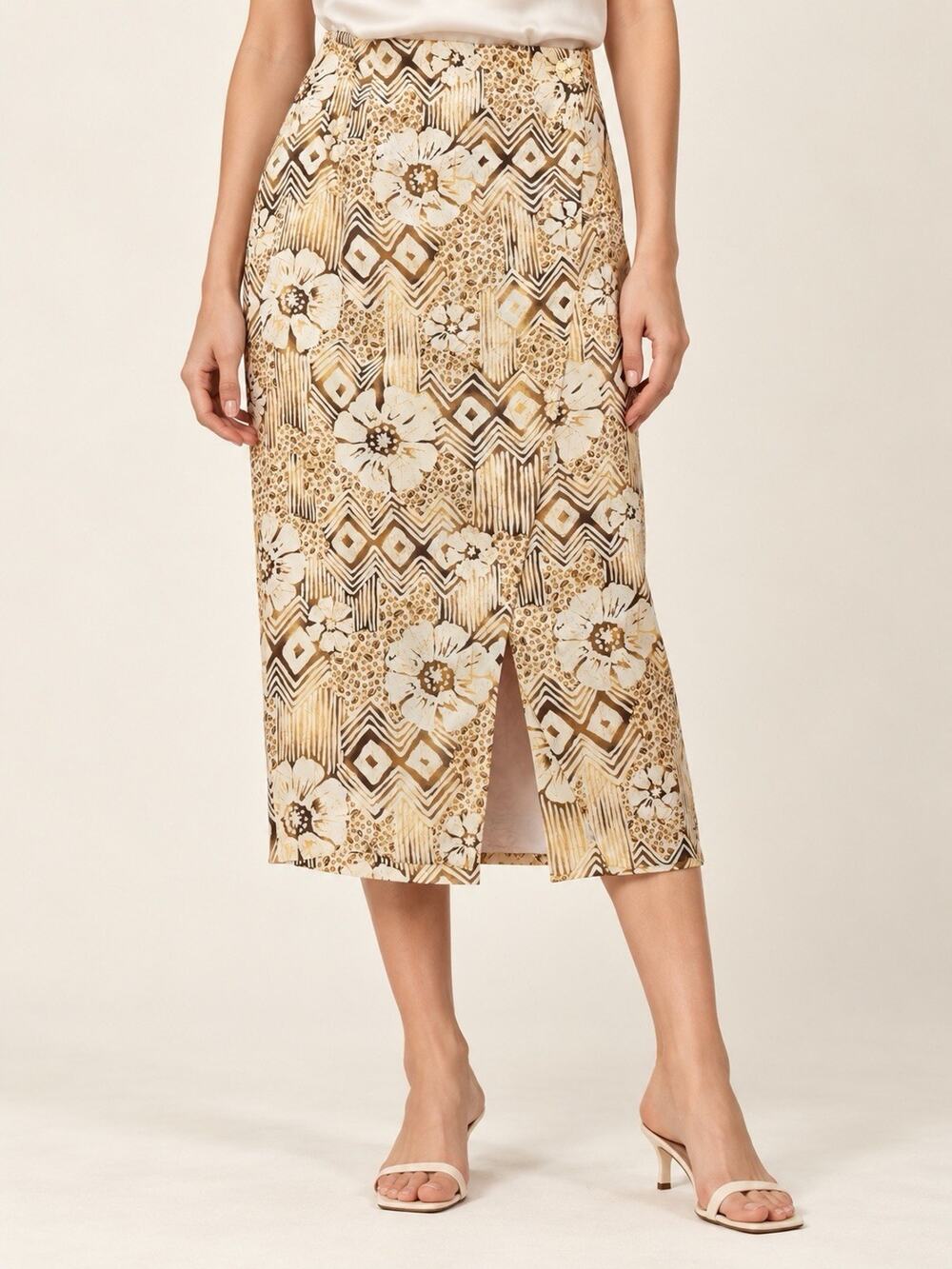 Dana Buchman 100% Silk Midi Skirt 8 Beige Brown Floral Geometric Front Slit